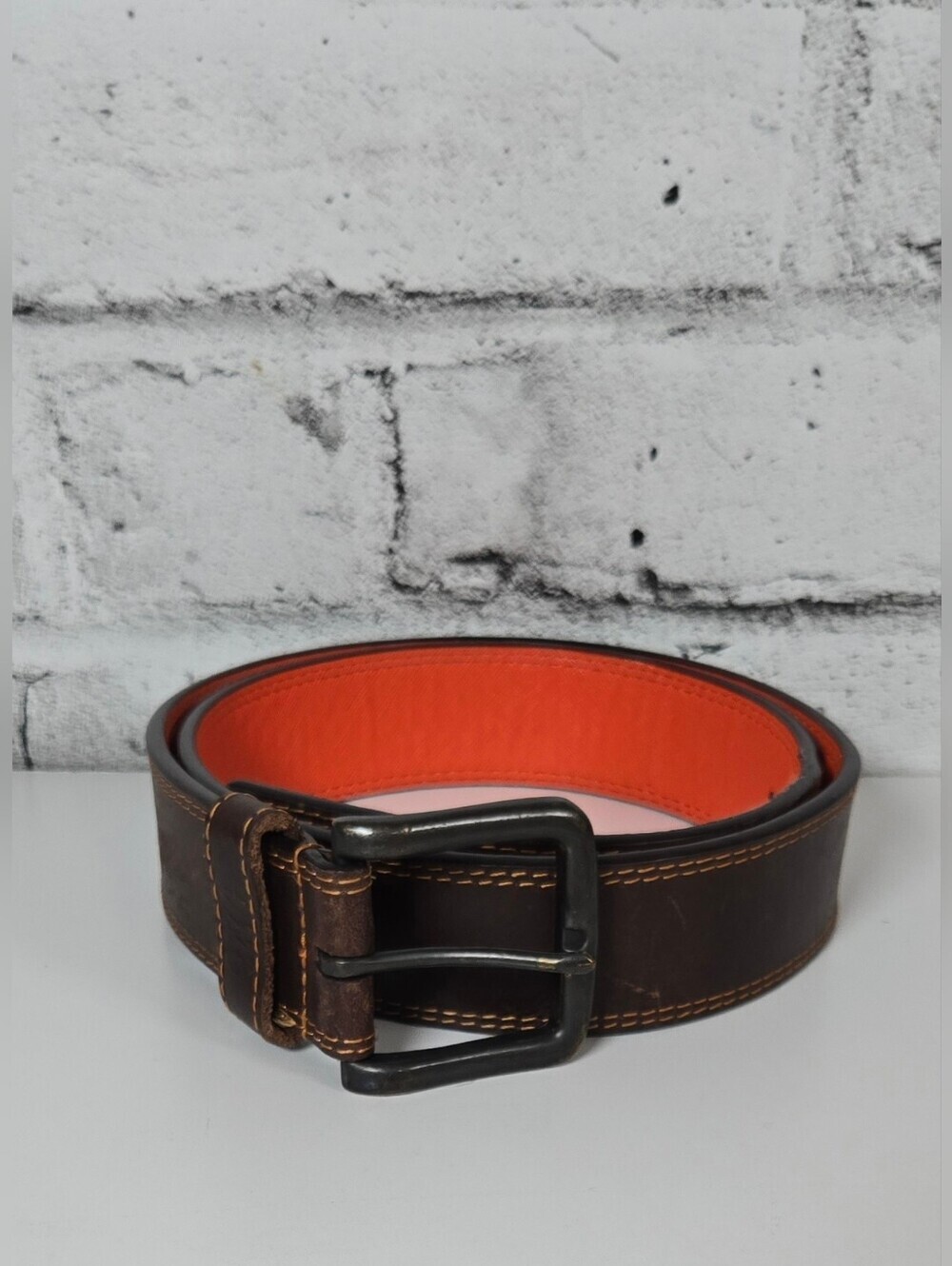 Brown Leather Belt Orange Lined Contrast Stitch Casual Size 34